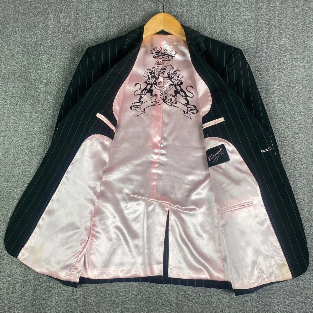 7 Diamonds Mens Blazer S Black Pinstripe‎ Clapton Pink Lining Contrast Stitch